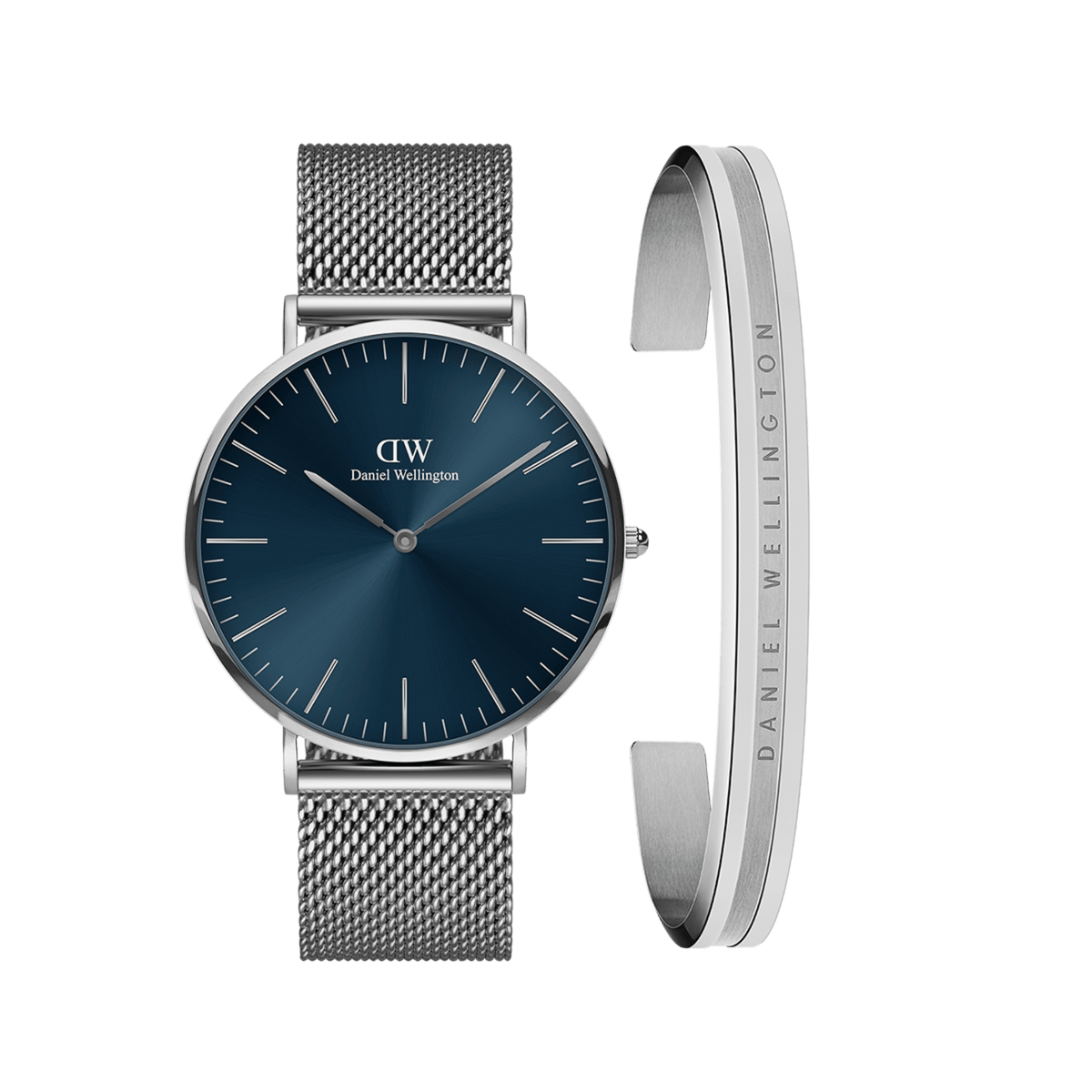 Classic Mesh Arctic + Elan Bracelet Silver set featuring a round watch with a deep blue dial and silver mesh strap, paired with a minimalist silver bracelet engraved with Daniel Wellington branding.