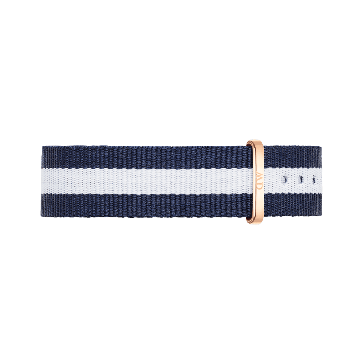 Classic Glasgow Rose Gold NATO strap in blue and white striped polyester with a rose gold buckle, designed for comfort and a nautical-inspired look.