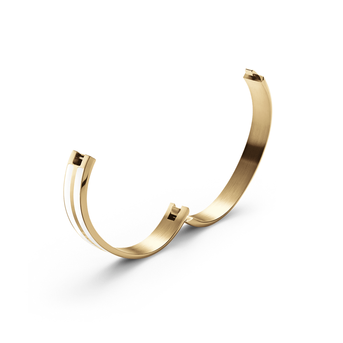 Minimalist Emalie Infinite Gold Satin White bracelet in polished gold-tone stainless steel, featuring a smooth satin white enamel accent and an open bangle design with integrated clasp.