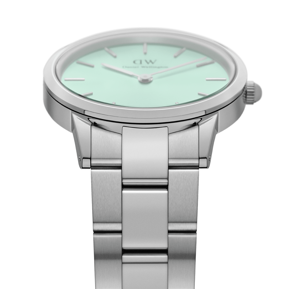 Side angle of the Iconic Link Mint Silver ladies watch, featuring a pastel mint green dial, minimalist markers, and a brushed stainless steel bracelet.