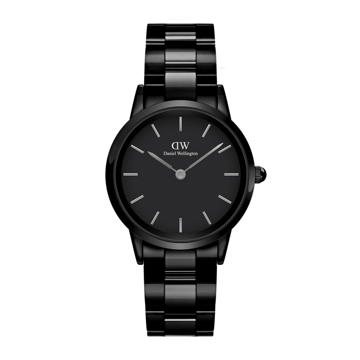 Elegant Iconic Link Ceramic women’s watch featuring a glossy black ceramic link bracelet, minimalist black dial, and silver-tone hands and markers, designed for a sleek and modern look.