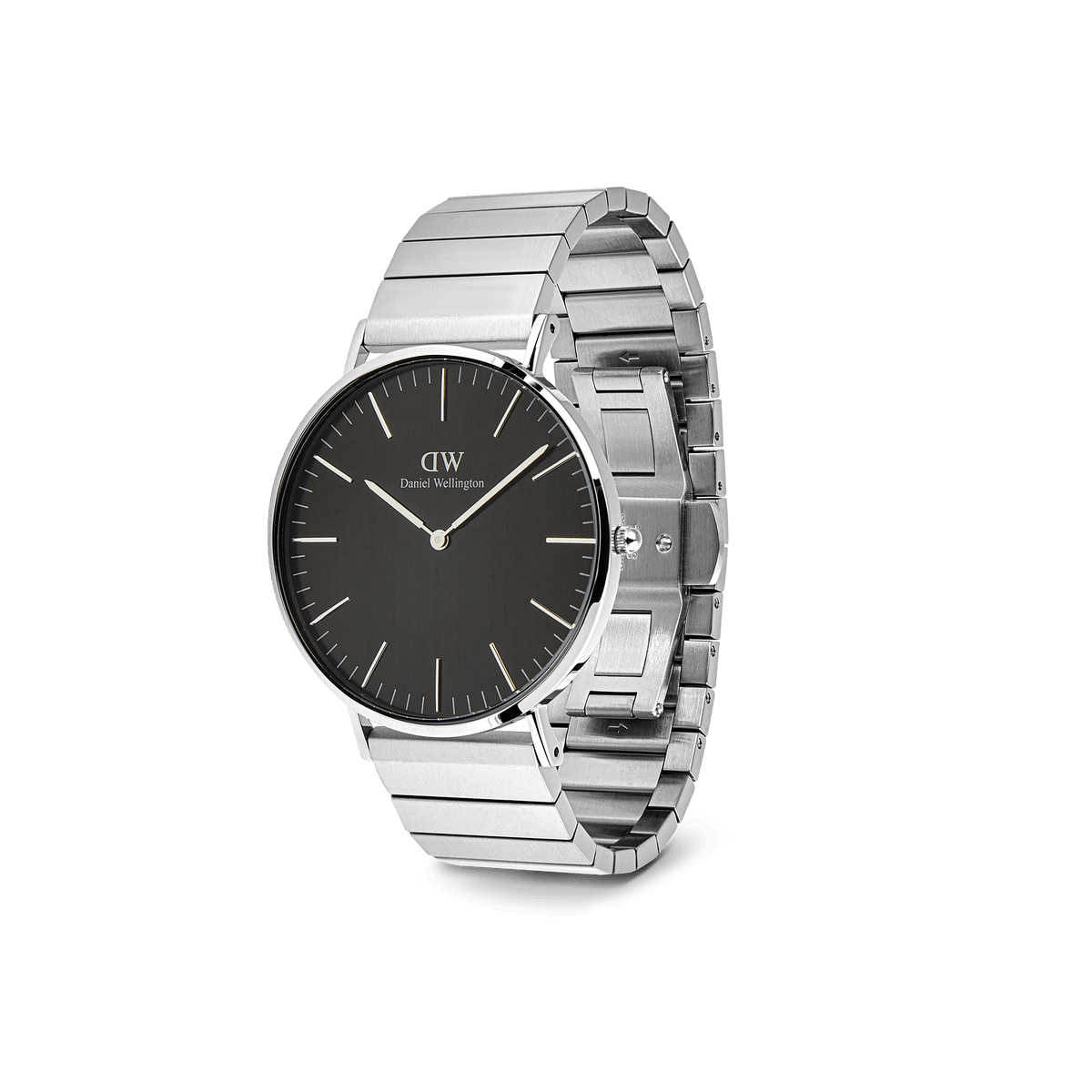 Classic Piano Link Onyx Silver men’s watch with a brushed black dial, minimalist hour markers, and a geometric silver stainless steel piano link strap, presented at a three-quarter angle.