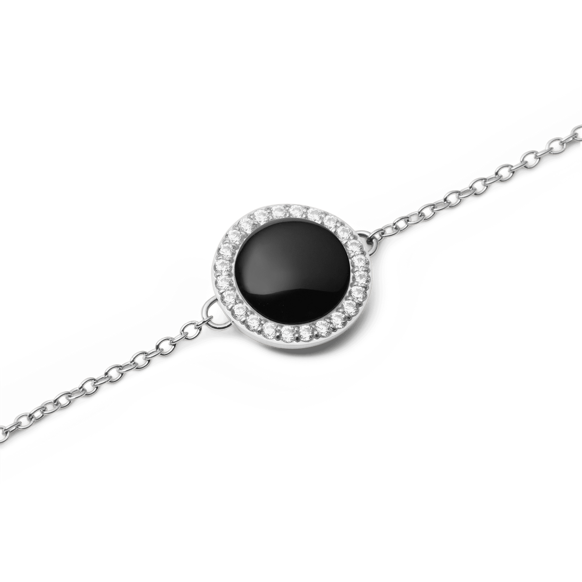 Close-up of the Audrey Bracelet Black Agathe Silver, showing a polished black agate centrepiece surrounded by a halo of white cubic zirconia on a fine silver chain.