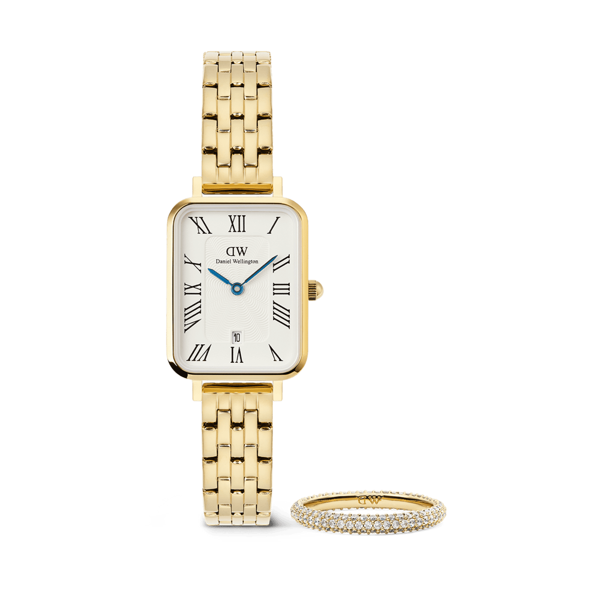 Rectangular gold women’s watch with a five-link bracelet, white dial, Roman numerals, blue hands, and date display, paired with a slim gold pavé ring set with sparkling crystals.