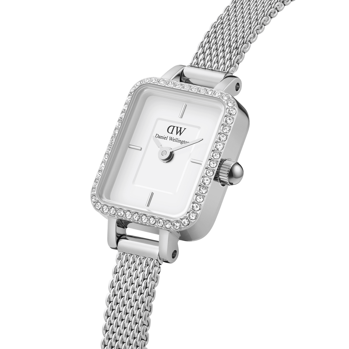 Quadro Mini Lumine Bezel Silver ladies watch featuring a rectangular white dial, crystal-studded bezel, and a sleek silver mesh strap, shown in close-up to highlight its refined details and modern design.