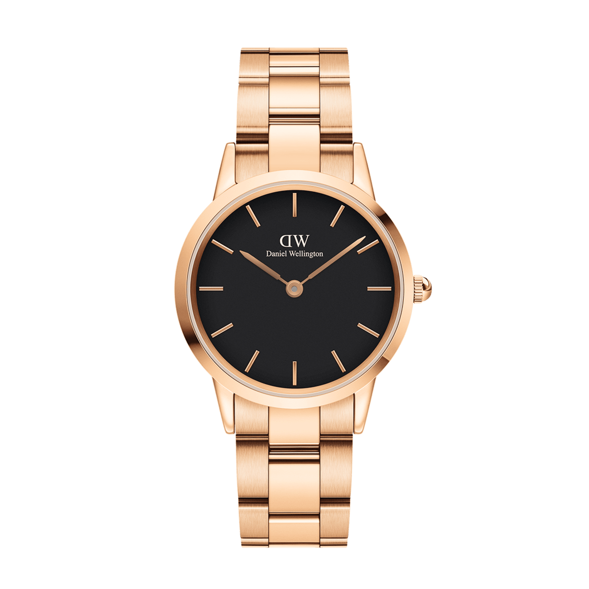 Iconic Link Black Rose Gold watch by Daniel Wellington featuring a matte black dial, rose gold stainless steel case, and a matching adjustable bracelet strap.