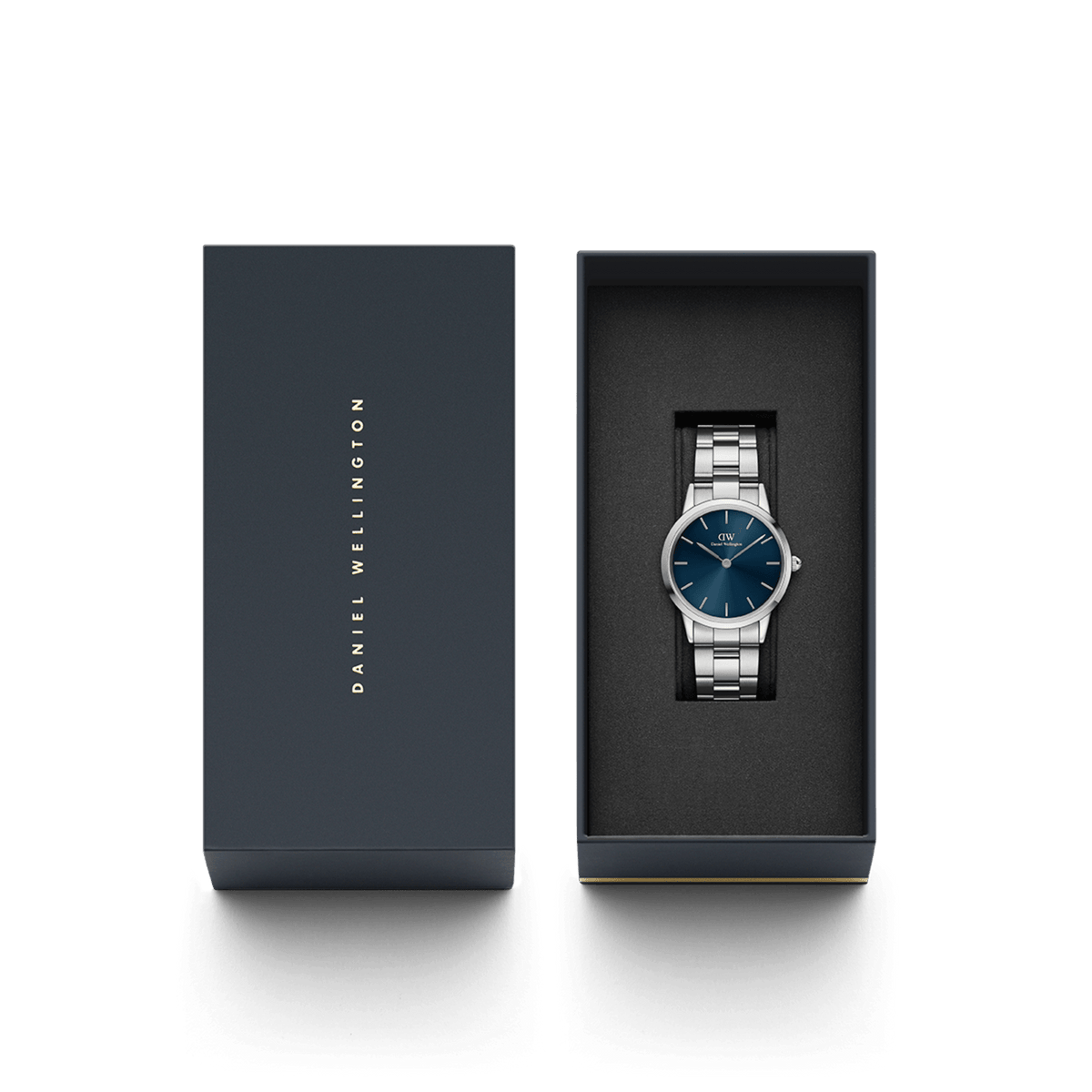 Daniel Wellington Iconic Link Arctic Silver watch with a blue dial and stainless steel bracelet, presented in an elegant branded gift box.