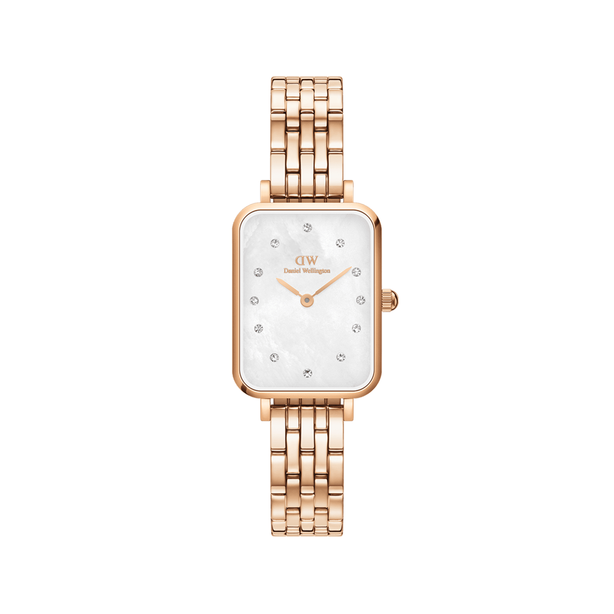 Quadro Lumine 5 Link Melrose White MoP Rose Gold ladies watch with a rectangular rose gold case, white mother of pearl dial, crystal hour markers, and a slim 5-link rose gold bracelet.