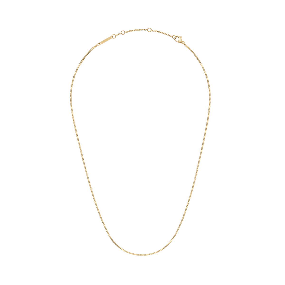 Box Chain Necklace G shown with a slim, minimalist gold box chain and adjustable clasp, crafted in stainless steel with gold PVD plating for a polished, versatile finish.
