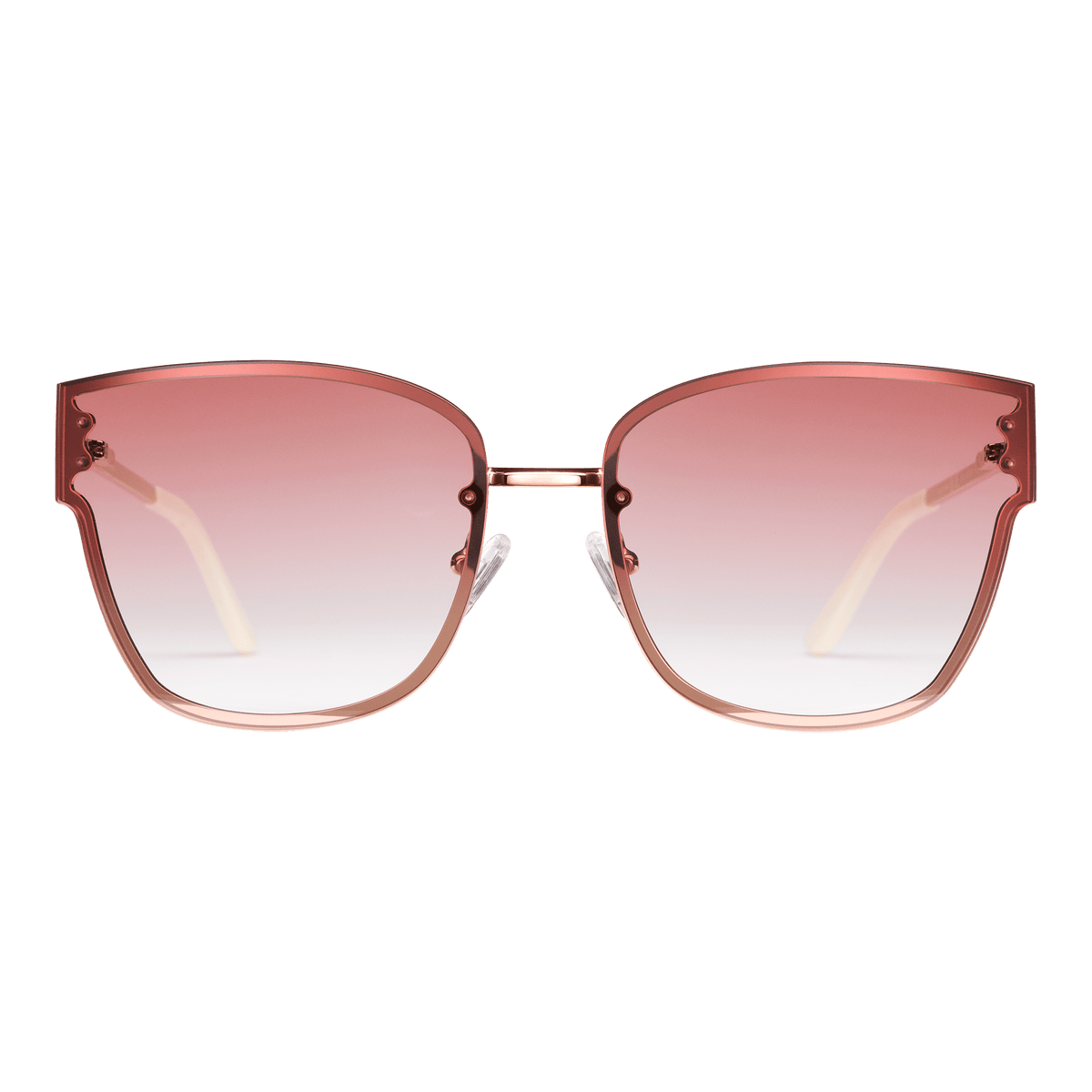 Oversized square sunglasses with pink gradient nylon lenses and a rose gold plated stainless steel frame, featuring adjustable silicone nose pads and acetate temple tips for comfort.