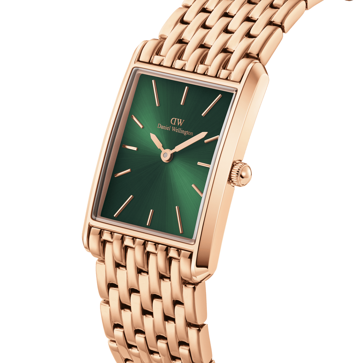 Bound 9-Link Emerald Sunray ladies watch with a rectangular rose gold case, integrated 9-link bracelet, and a vibrant green sunray dial, shown in a close-up angled view highlighting its geometric edges and minimalist markers.