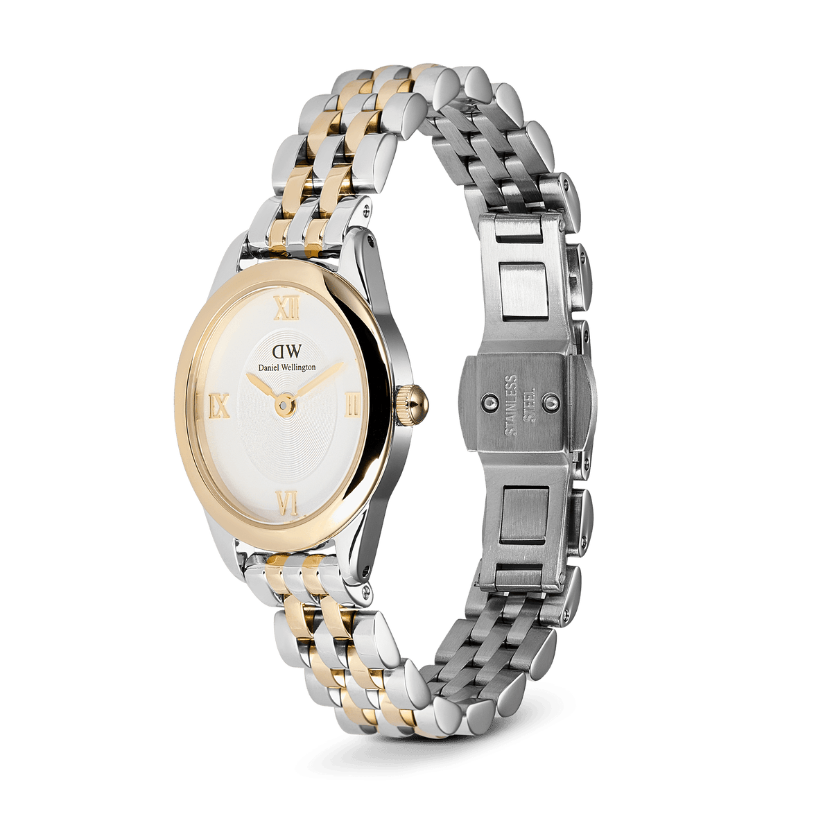 Ophelia Mini Two Tone Gold ladies watch with an oval case, white dial, gold Roman numerals, and a polished gold and silver stainless steel bracelet featuring an open butterfly clasp.