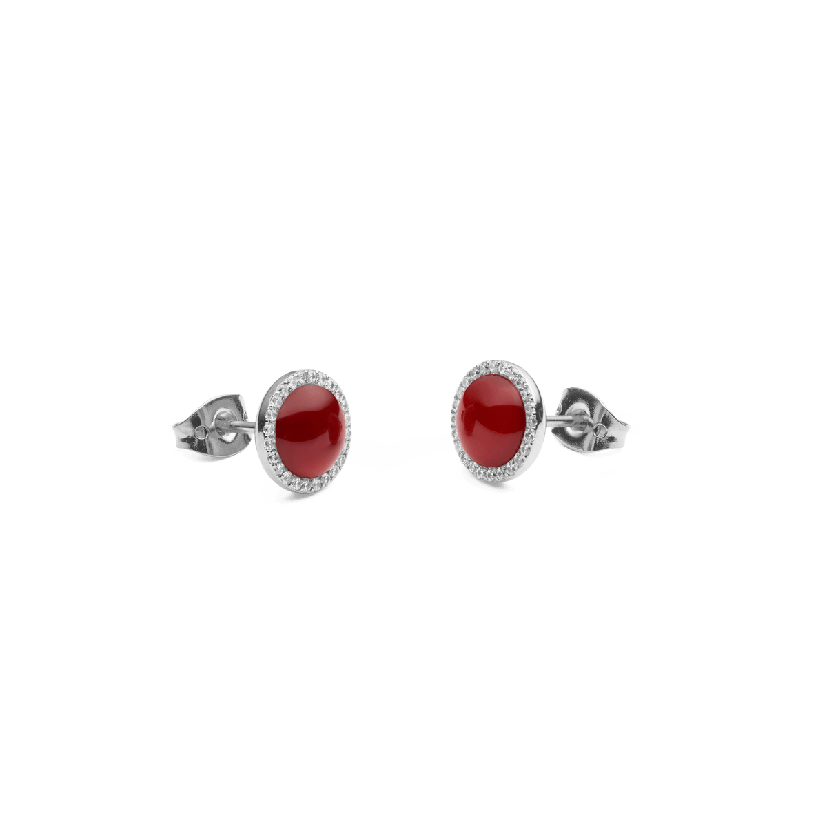 Audrey Earrings Red Agathe Silver shown from a side angle, highlighting the domed red agate centre, polished silver setting, white cubic zirconia halo, and secure stud clasp.
