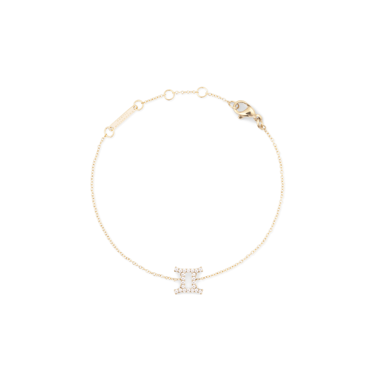 Crystal Zodiac Chain Bracelet Gold featuring a slim gold chain with adjustable sizing rings and a sparkling Gemini zodiac charm at the centre.