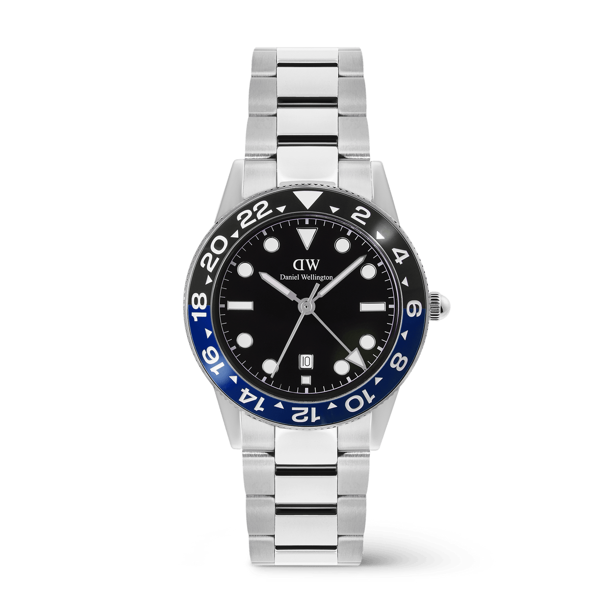 Daniel Wellington Iconic GMT Link Black Blue Ceramic Bezel Silver men's watch with a black dial, blue and black ceramic bezel, and a silver stainless steel bracelet.