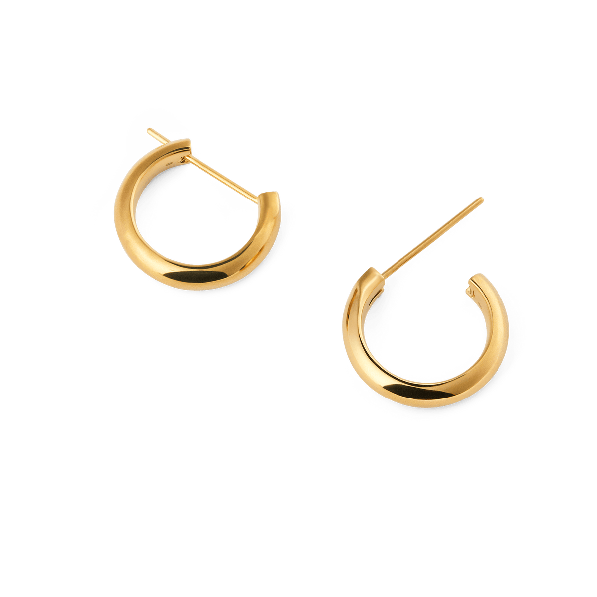 A pair of Arch Earring Gold 12mm hoop earrings with a smooth, rounded profile and polished gold finish, featuring a petite size and practical pin closure for secure everyday wear.