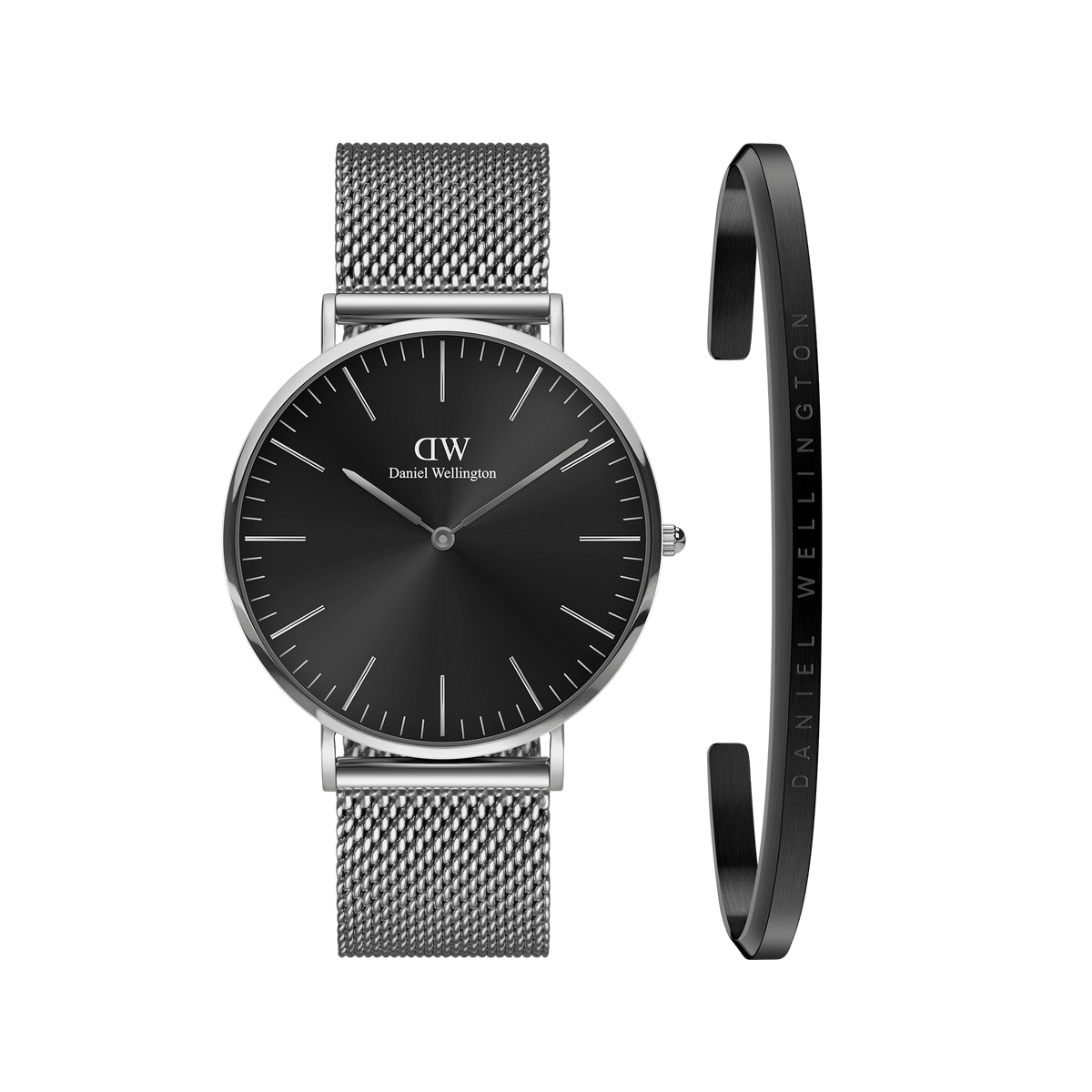 Classic Mesh Onyx watch with a black dial and stainless steel mesh strap, paired with a slim silver bracelet featuring Daniel Wellington branding, displayed side by side for a coordinated, modern look.