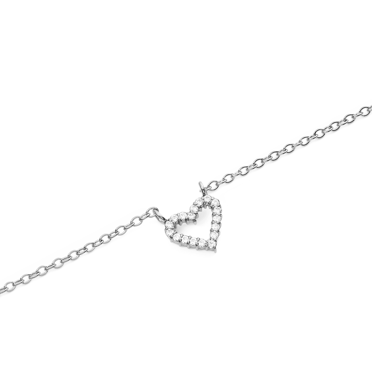 Close-up of the Mirelle Heart Necklace Silver showing a delicate open heart pendant set with sparkling white cubic zirconia crystals on a fine silver chain.