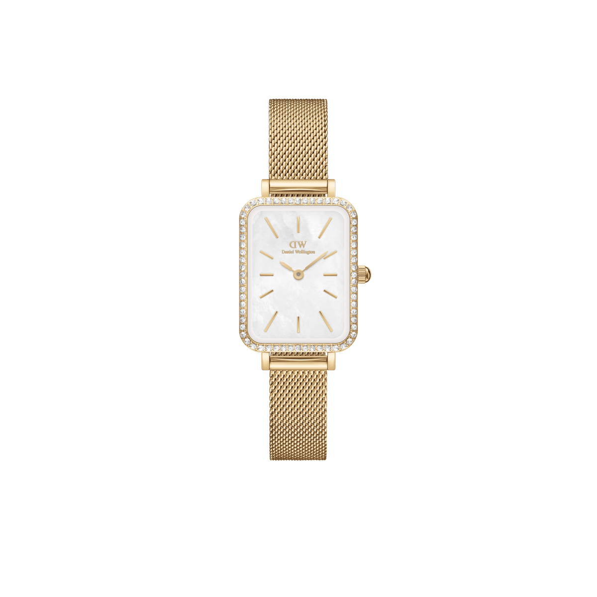 Quadro Lumine Bezel Evergold MOP gold mesh strap watch with a rectangular case, crystal bezel, and white mother of pearl dial, designed for women seeking a refined and versatile accessory.