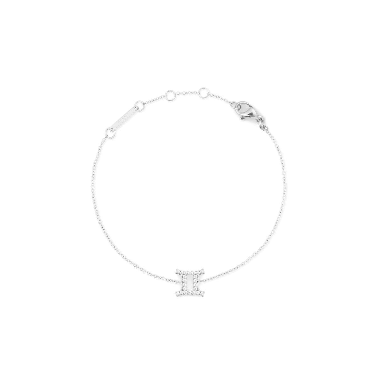 Delicate silver chain bracelet featuring a Gemini zodiac charm set with hand-placed crystals, adjustable for a comfortable fit and finished with a secure lobster clasp.