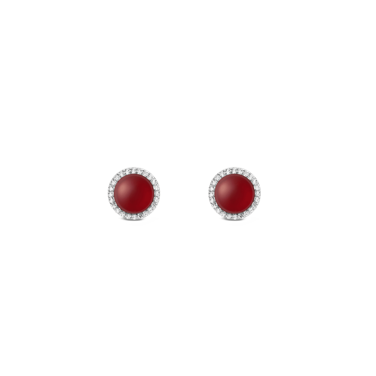 Pair of Audrey Earrings Red Agathe Silver featuring domed red agate centres surrounded by white cubic zirconia halos, set in polished silver with a minimalist stud design.