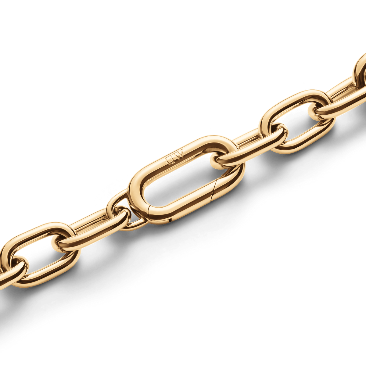 Detail of the Crystal Link Bracelet Gold showing the polished gold-plated links and integrated spring gate clasp, highlighting the smooth finish and secure closure.