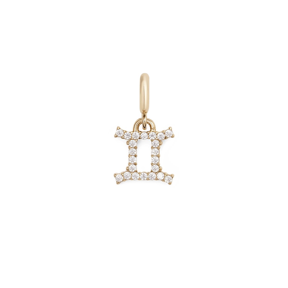Gold Gemini zodiac watch charm with cubic zirconia crystal detailing, featuring a twin symbol design in a secure claw setting for versatile styling on watches or jewellery.