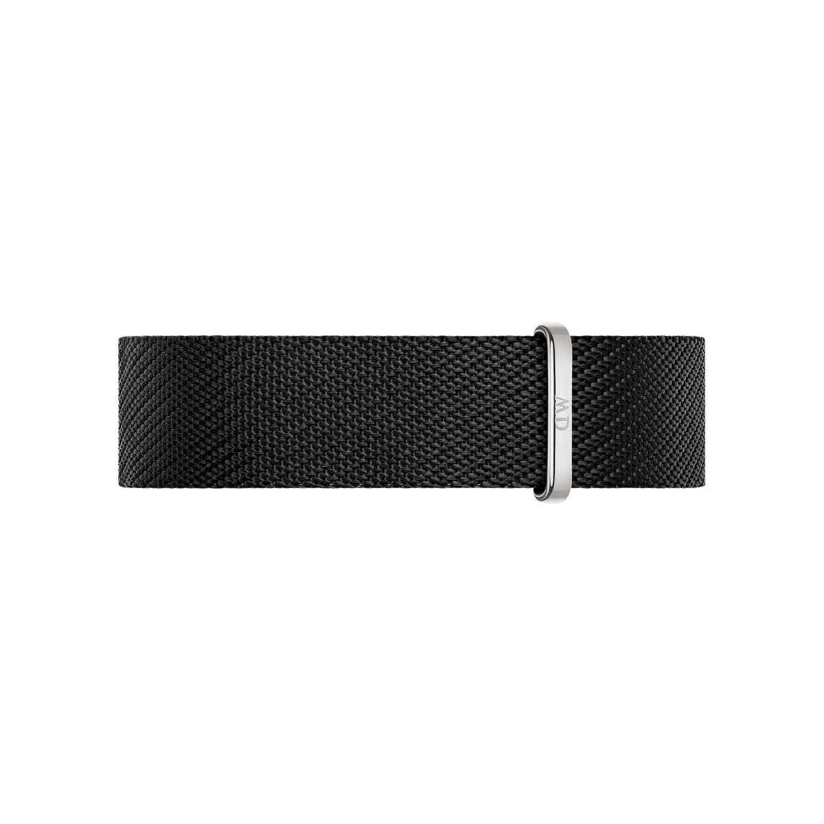Black NATO strap made from recycled nylon with a silver buckle, designed for the Iconic Black NATO White Dial watch and compatible with other 20mm Daniel Wellington models.