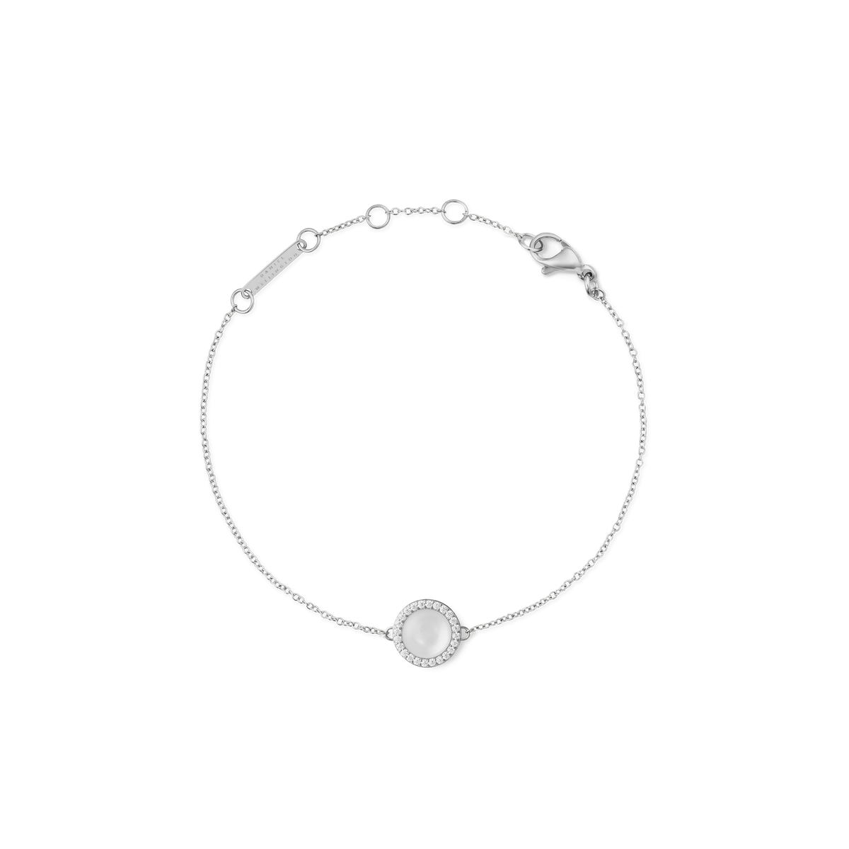 Delicate silver bracelet featuring a round mother of pearl centre surrounded by cubic zirconia crystals, set on a fine adjustable chain with a secure lobster clasp.