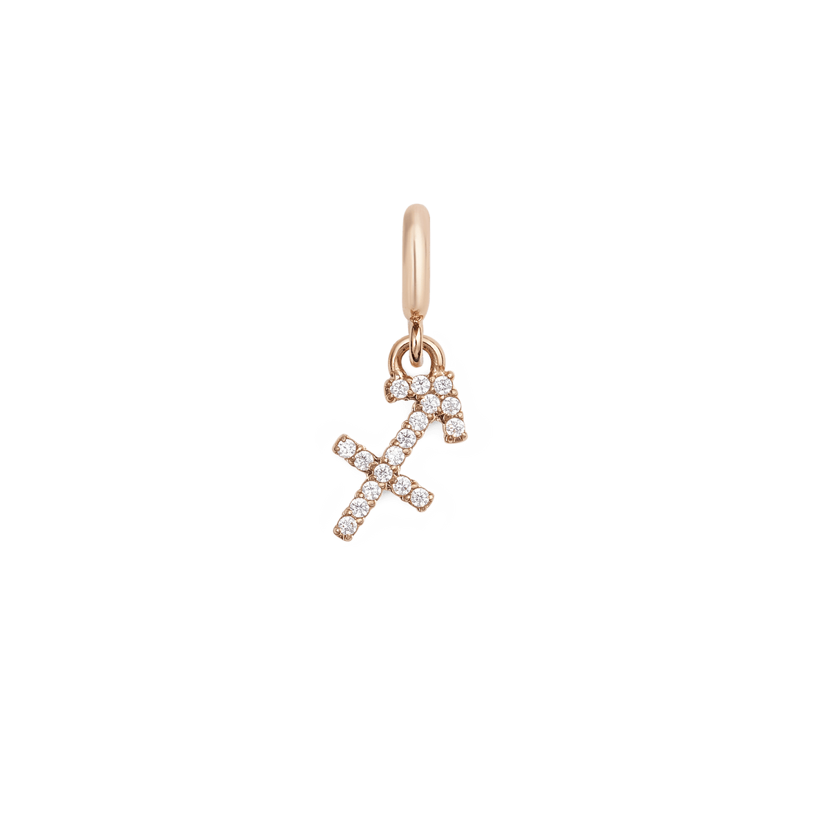 Sagittarius zodiac watch charm in rose gold, decorated with cubic zirconia crystals and a contemporary, minimalist design for Daniel Wellington watches or bracelets.