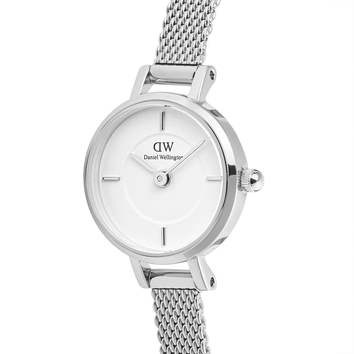 Close-up of the Petite Mini Sterling watch featuring a 19mm round silver case, minimalist white dial, and a fine stainless steel mesh strap, highlighting its refined and elegant design.