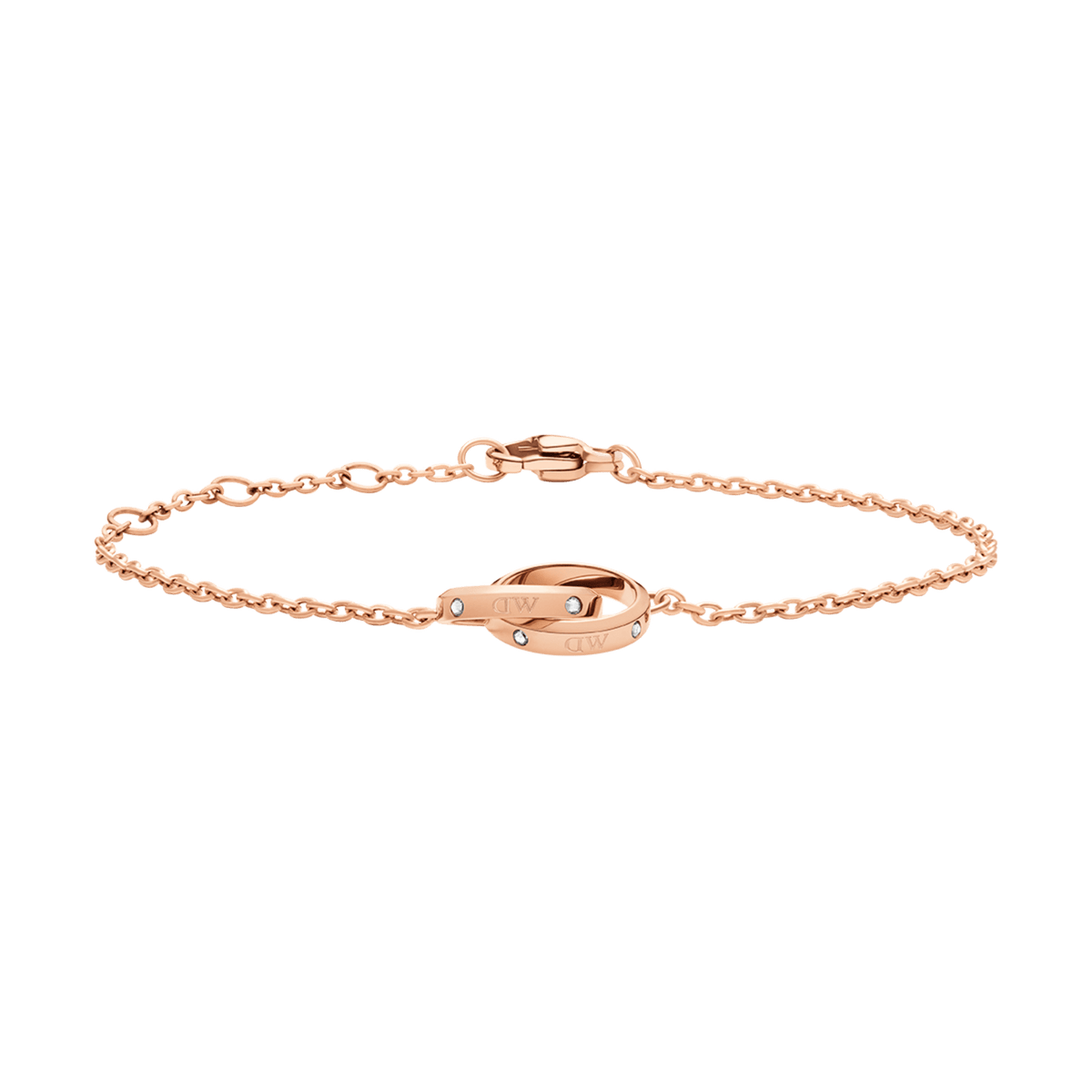 Classic Unity Lumine bracelet in rose gold, featuring a slim adjustable chain with intertwined rings and crystal accents, ideal for layering or wearing alone for a minimalist look.