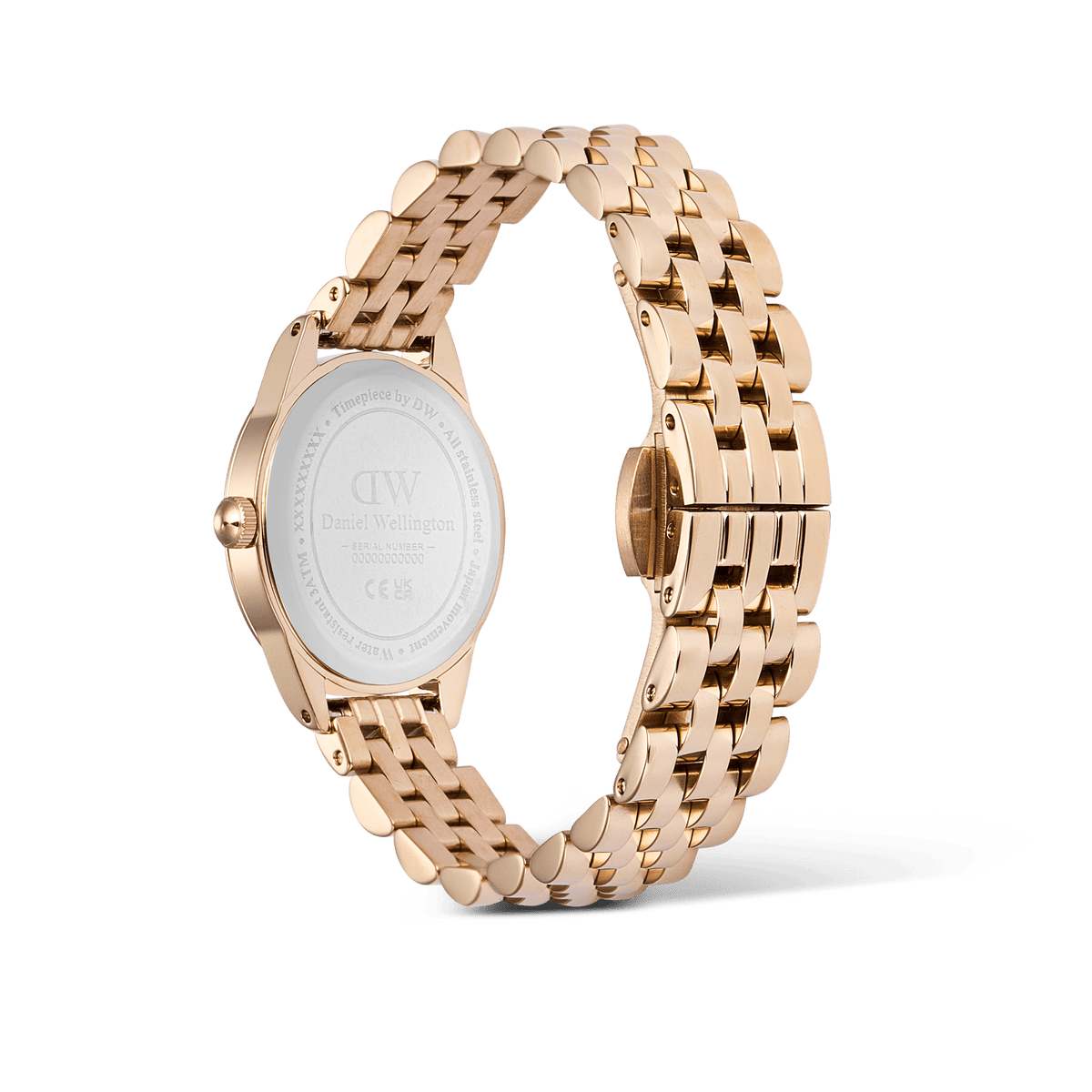 Back view of the Ophelia Mini Rose Gold ladies watch showing the polished rose gold stainless steel bracelet, oval case, and engraved caseback detailing.