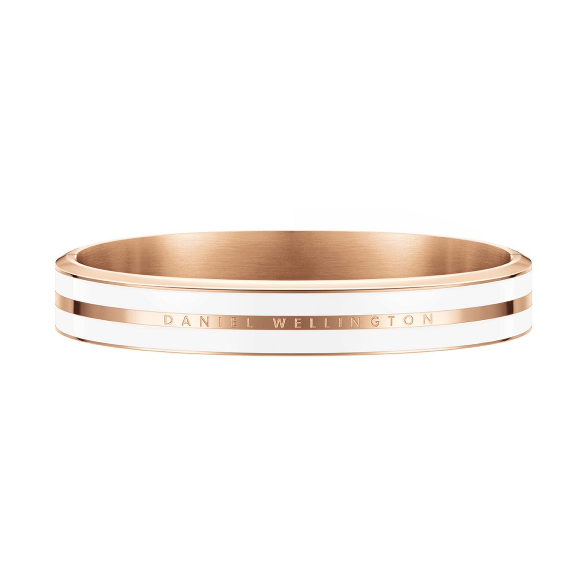 Emalie Infinite Rose Gold Satin White bangle featuring a wide band with polished rose gold and crisp white enamel, engraved with the Daniel Wellington logo for a sophisticated, modern look.