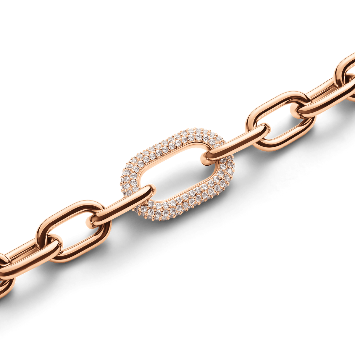 Close-up of the Crystal Link Bracelet Rose Gold showing the chunky rose gold chain and a crystal-embellished link with claw-set cubic zirconia, highlighting its refined sparkle and modern design.