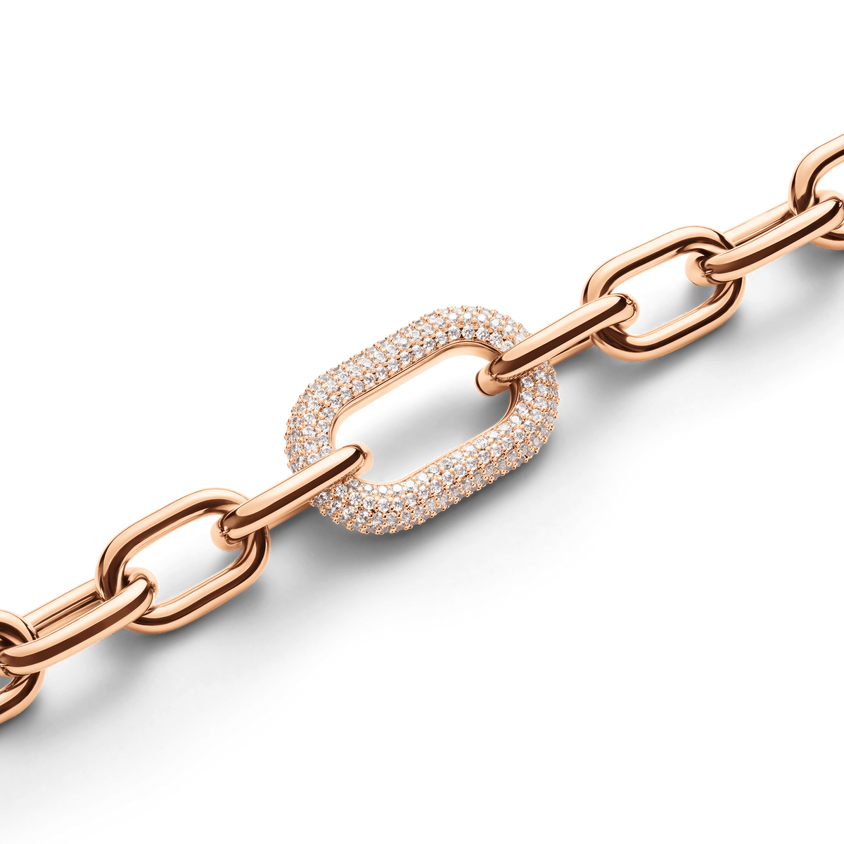 Close-up of the Crystal Link Necklace Rose Gold showcasing the chunky rose gold chain and a centre link encrusted with sparkling cubic zirconia crystals for a refined, modern finish.