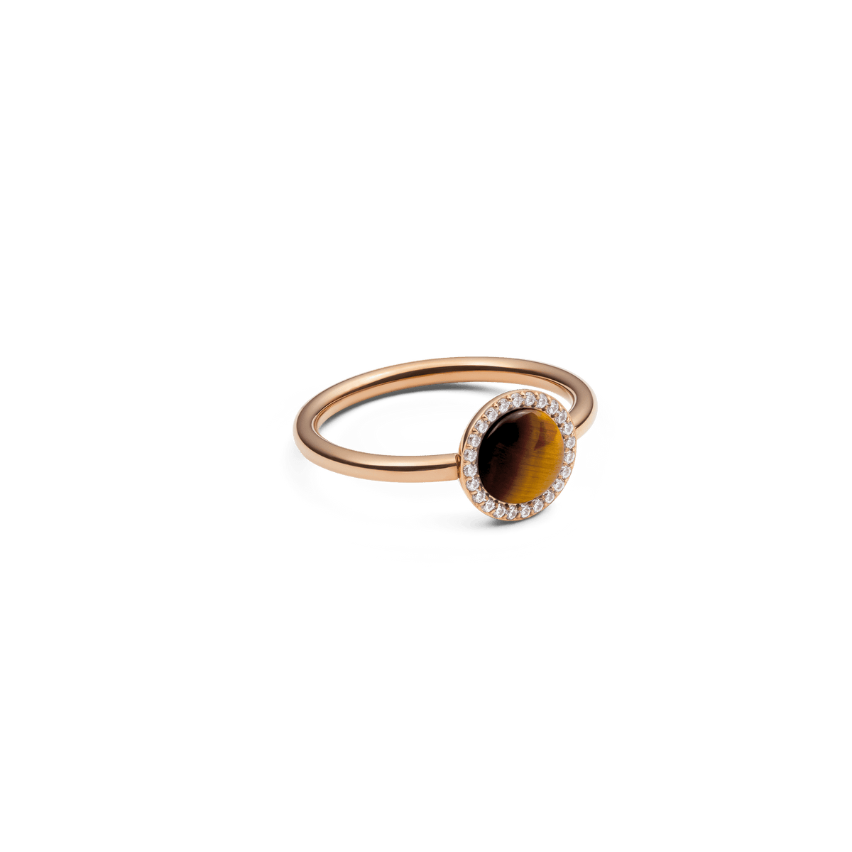 A slim rose gold ring featuring a domed tiger eye stone at the centre, surrounded by a halo of sparkling white cubic zirconia crystals, set on a polished band.