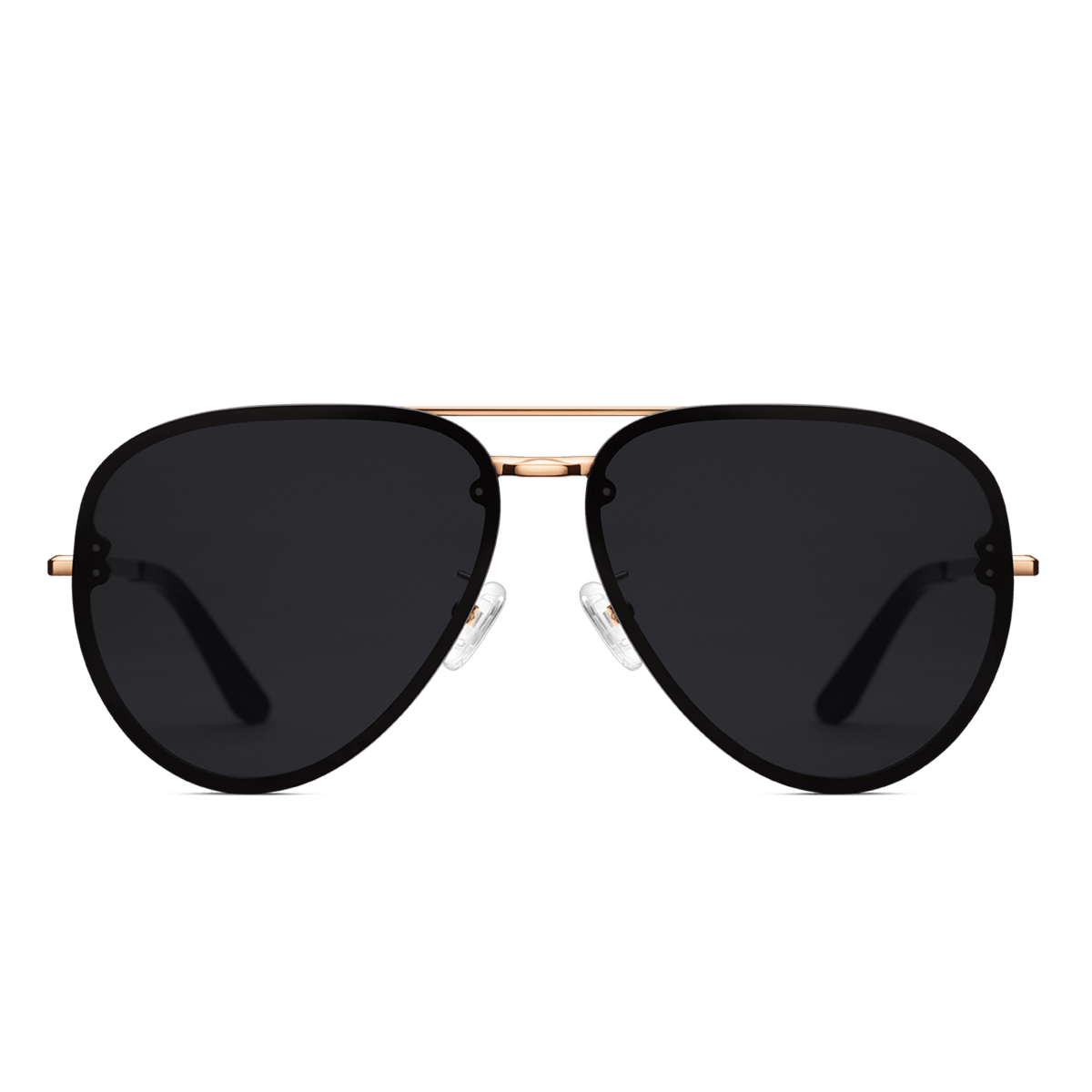 Front view of Avion Steel Rose Gold sunglasses featuring a rose gold plated stainless steel frame, large black aviator lenses, and adjustable silicone nose pads for comfortable everyday wear.