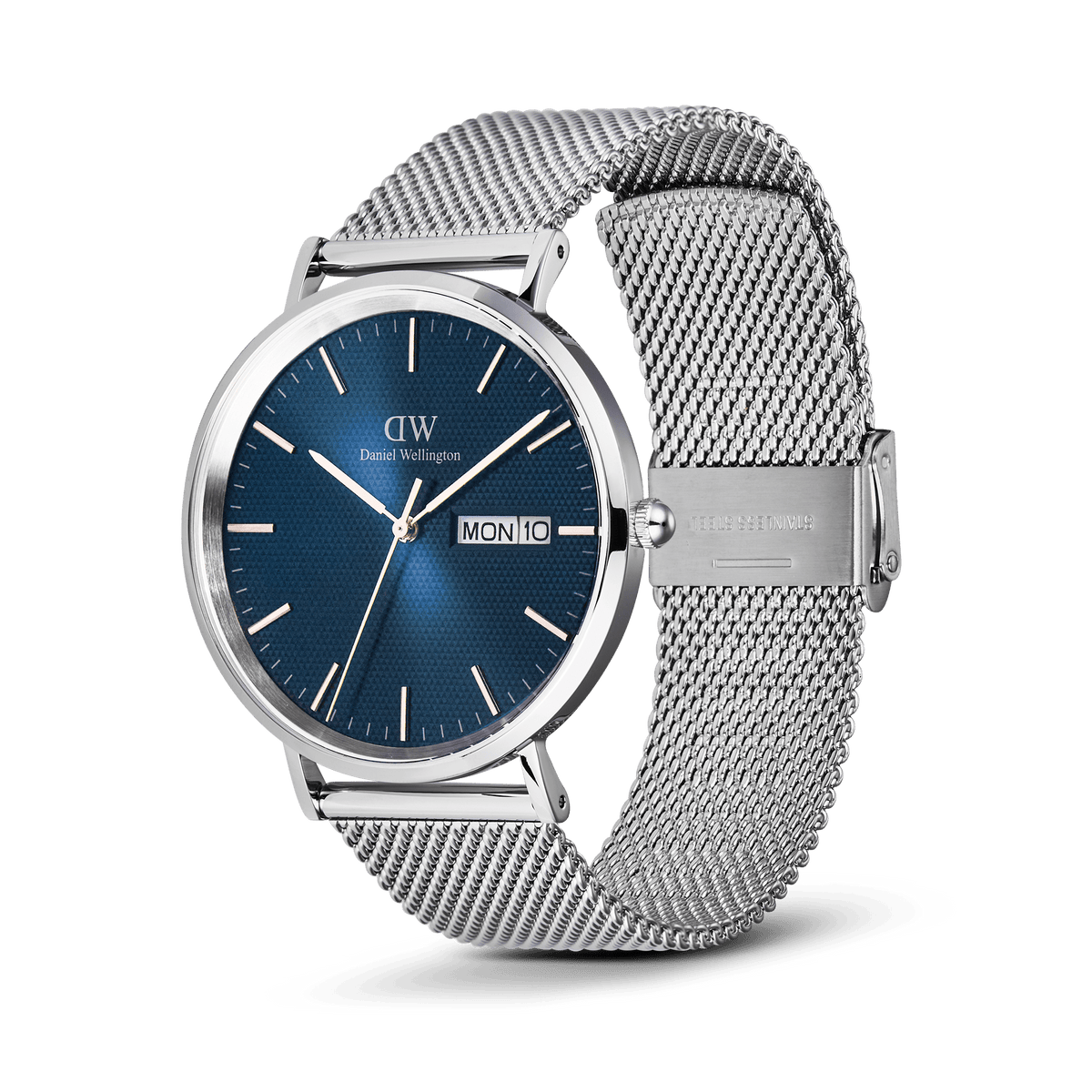 Classic Day Display Sterling Arctic men's watch with a blue dial featuring a triangle pattern, day and date window, and a stainless steel mesh strap with a safety clasp.