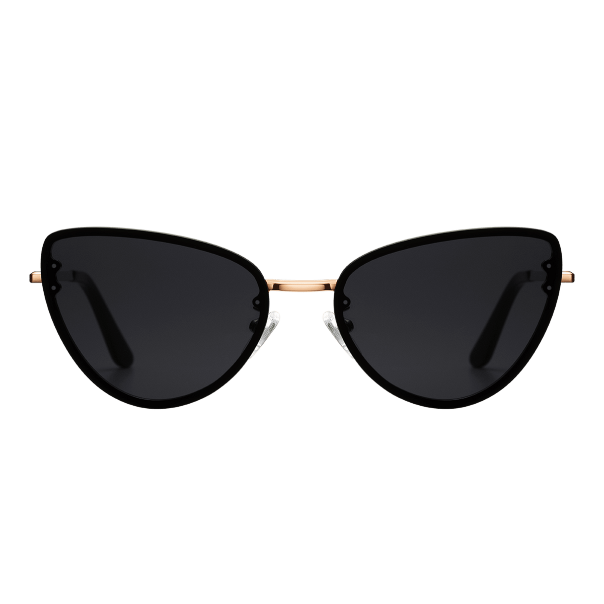 Lynx Steel Black sunglasses featuring a modern cat eye shape, dark nylon lenses, and a rose gold plated stainless steel frame with adjustable silicone nose pads for comfortable wear.
