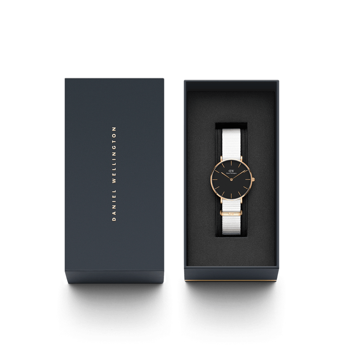 Petite Dover Black Rose Gold ladies watch with a rose gold case, minimalist black dial, and white NATO strap, presented in a sleek Daniel Wellington gift box.