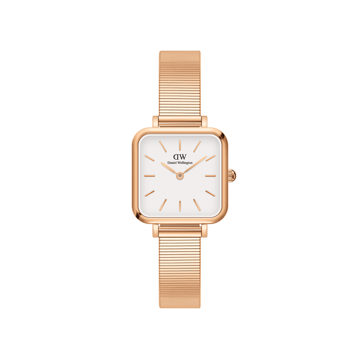 Quadro Studio Rose Gold watch with a square eggshell white dial, minimalist rose gold hour markers, and a slim piano link rose gold strap, designed for women seeking a refined and versatile accessory.