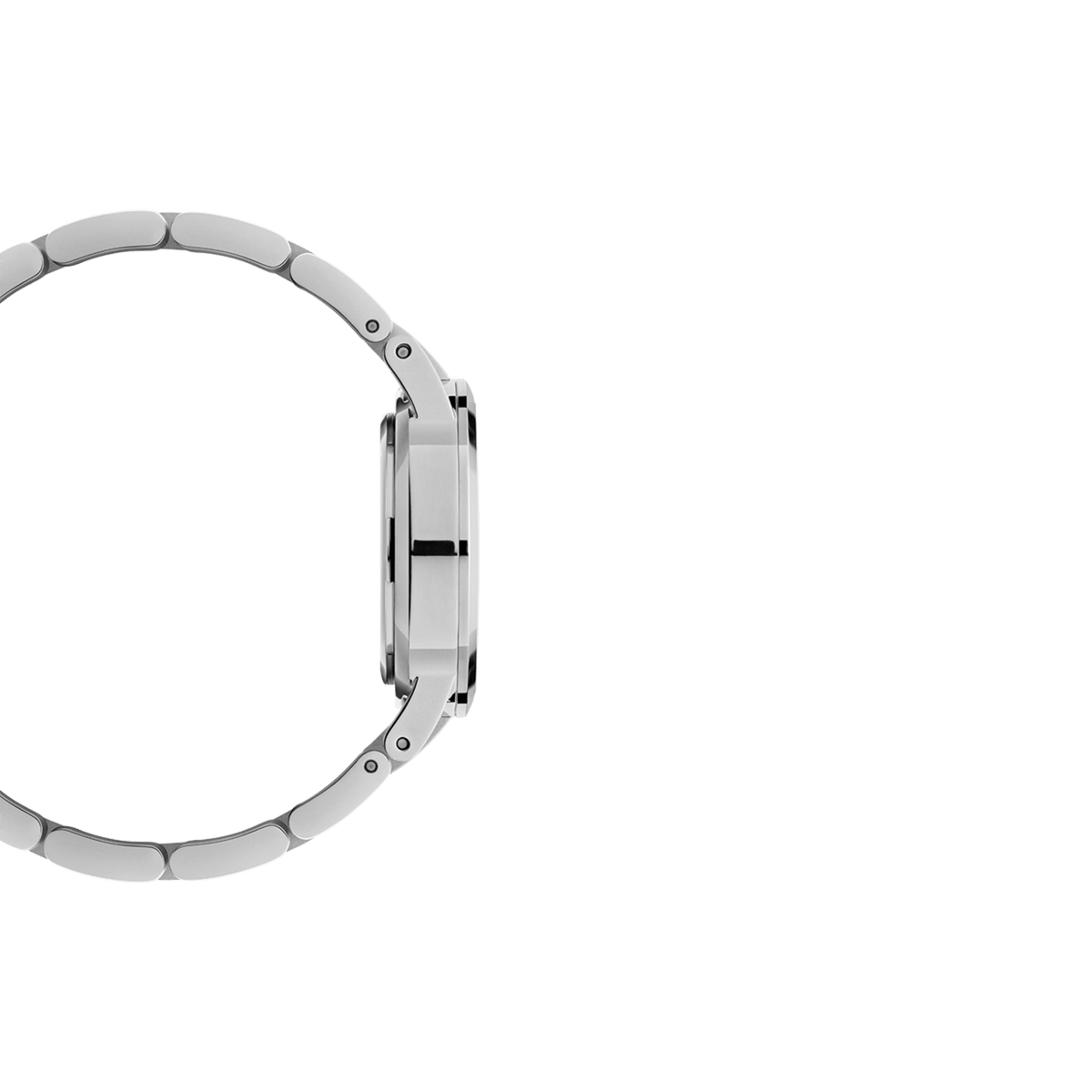 Side profile view of the Iconic Link Unitone Silver ladies watch, showing its slim stainless steel case and seamless link bracelet for a sleek, modern finish.