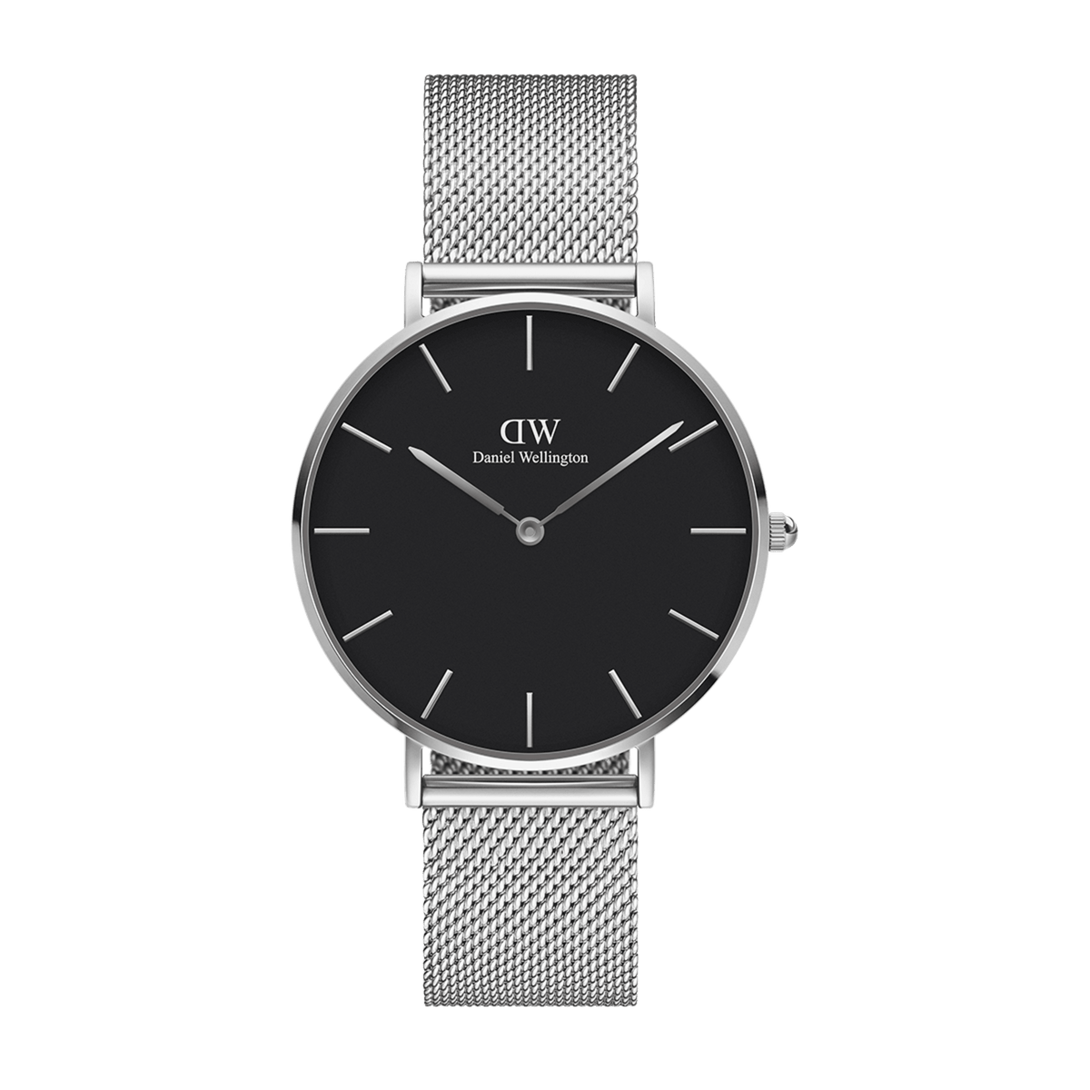Petite Sterling Black Silver showcases a refined black dial with slim hour markers and a polished silver mesh strap, offering a contemporary and lightweight design ideal for petite wrists.