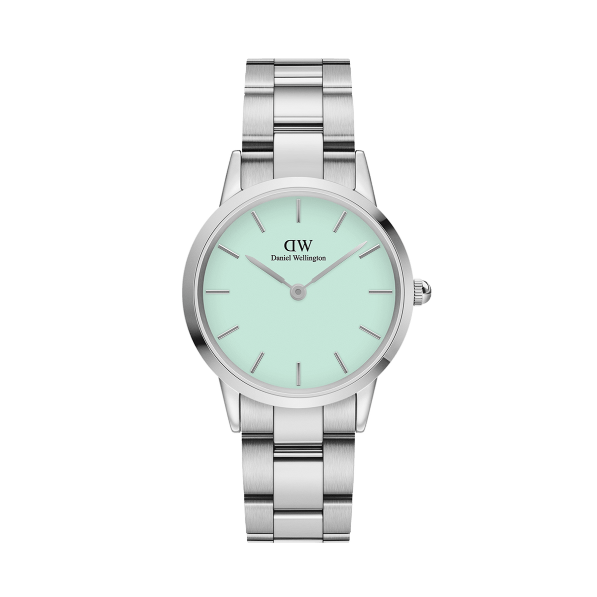 Iconic Link Mint Silver ladies watch featuring a pastel mint green dial, minimalist hour markers, and a polished stainless steel bracelet with adjustable links.