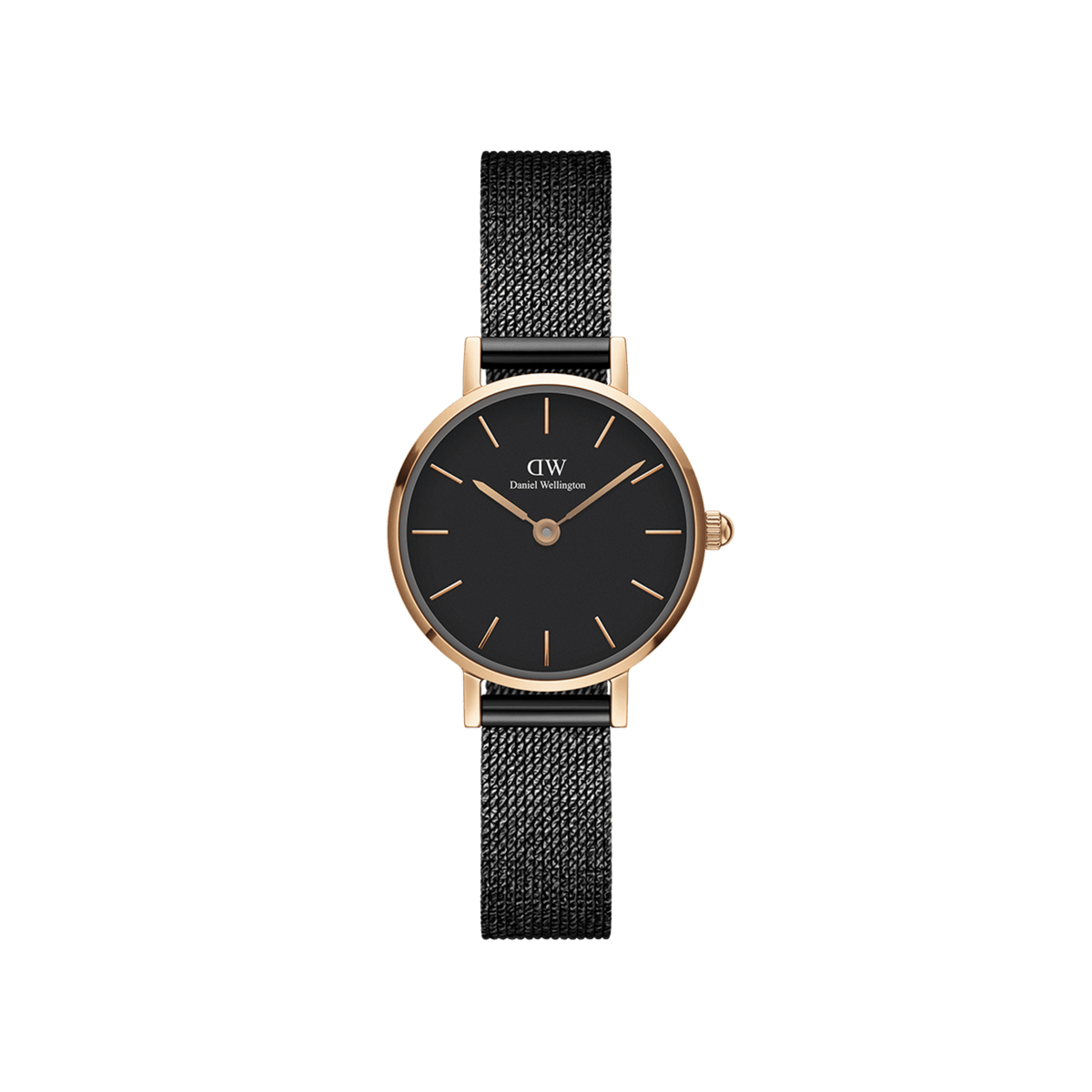 Petite Pressed Ashfield ladies watch with a rose gold case, minimalist black dial, and slim black mesh strap, designed for small wrists and everyday wear.