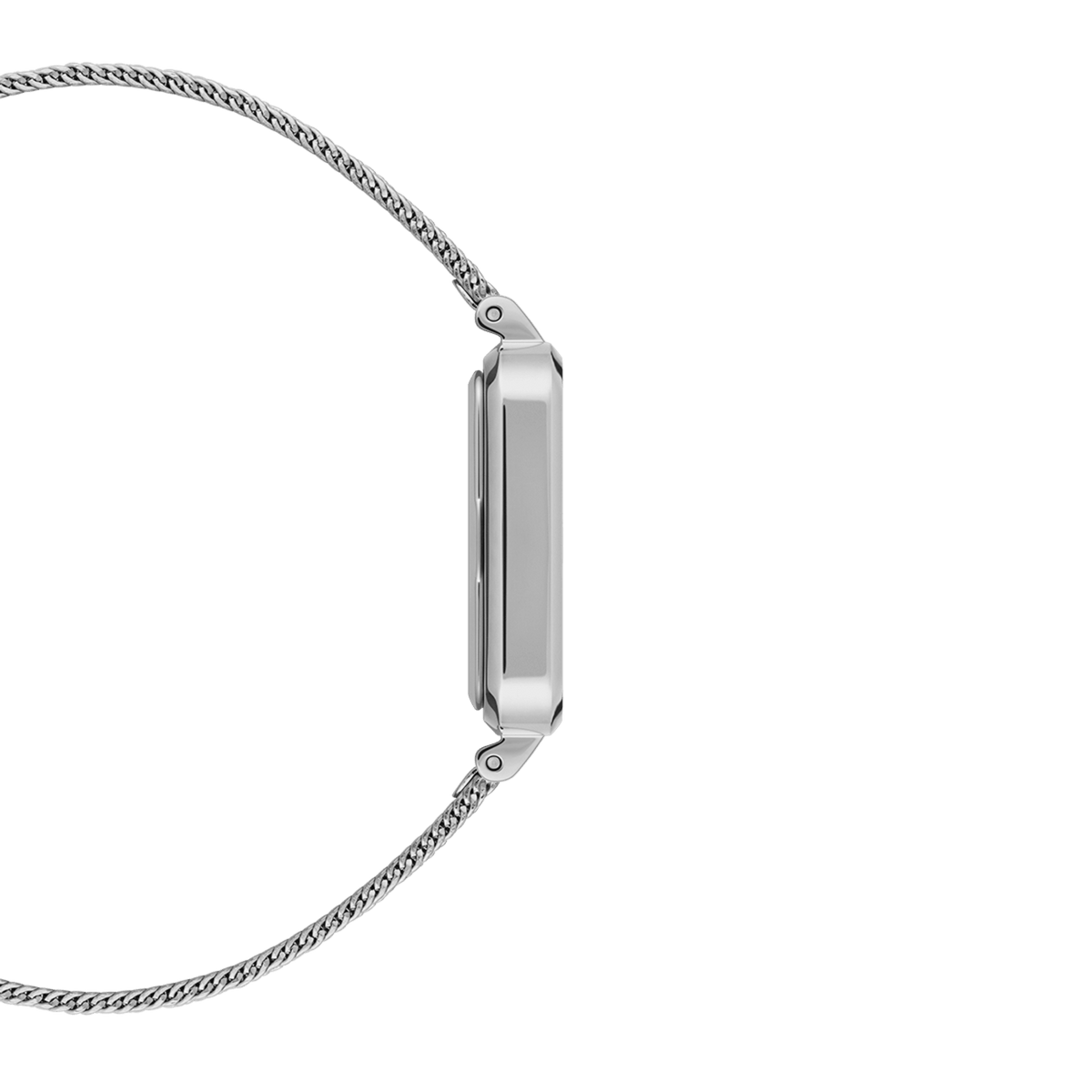 Side profile of the Quadro Pressed Unitone Silver ladies watch, highlighting its slim rectangular stainless steel case and flexible silver mesh strap.