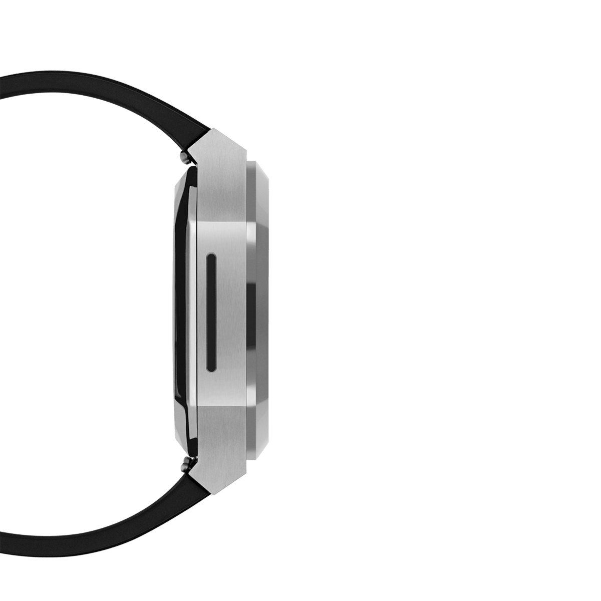 Side profile of the Switch Silver Apple Watch case featuring brushed stainless steel with a geometric octagonal design and black rubber strap, highlighting its slim and ergonomic fit for 40mm Apple Watch models.