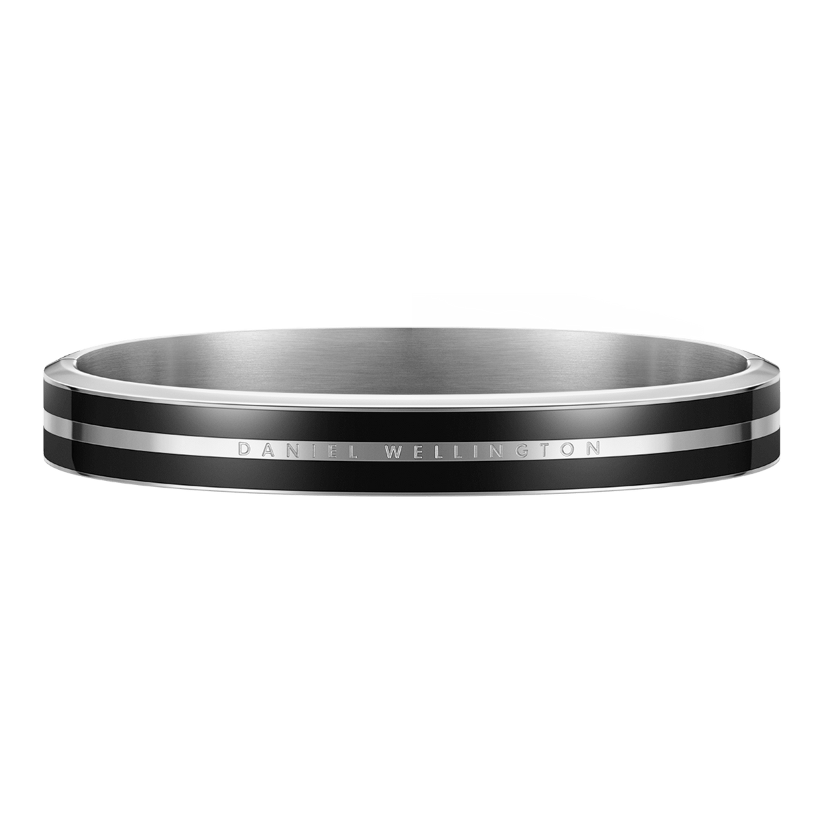 Emalie Infinite Silver Black bracelet with a minimalist bangle design, featuring a polished stainless steel band and deep black enamel ribbon, engraved with subtle detailing for a sophisticated finish.