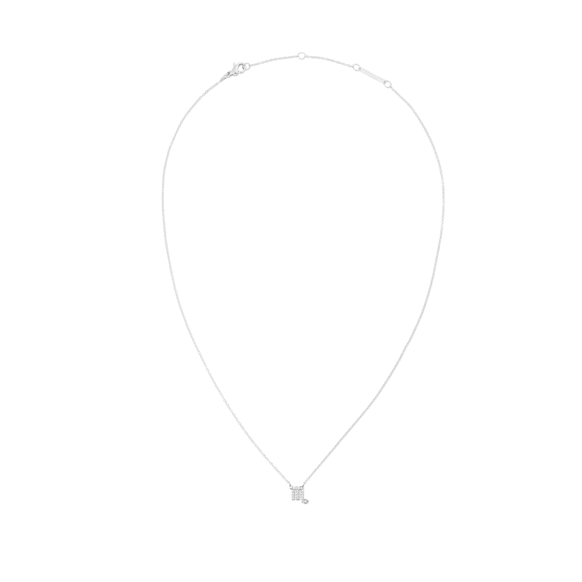Delicate silver chain necklace featuring a fixed Scorpio zodiac pendant adorned with hand-set crystals, designed for a minimalist and elegant look.